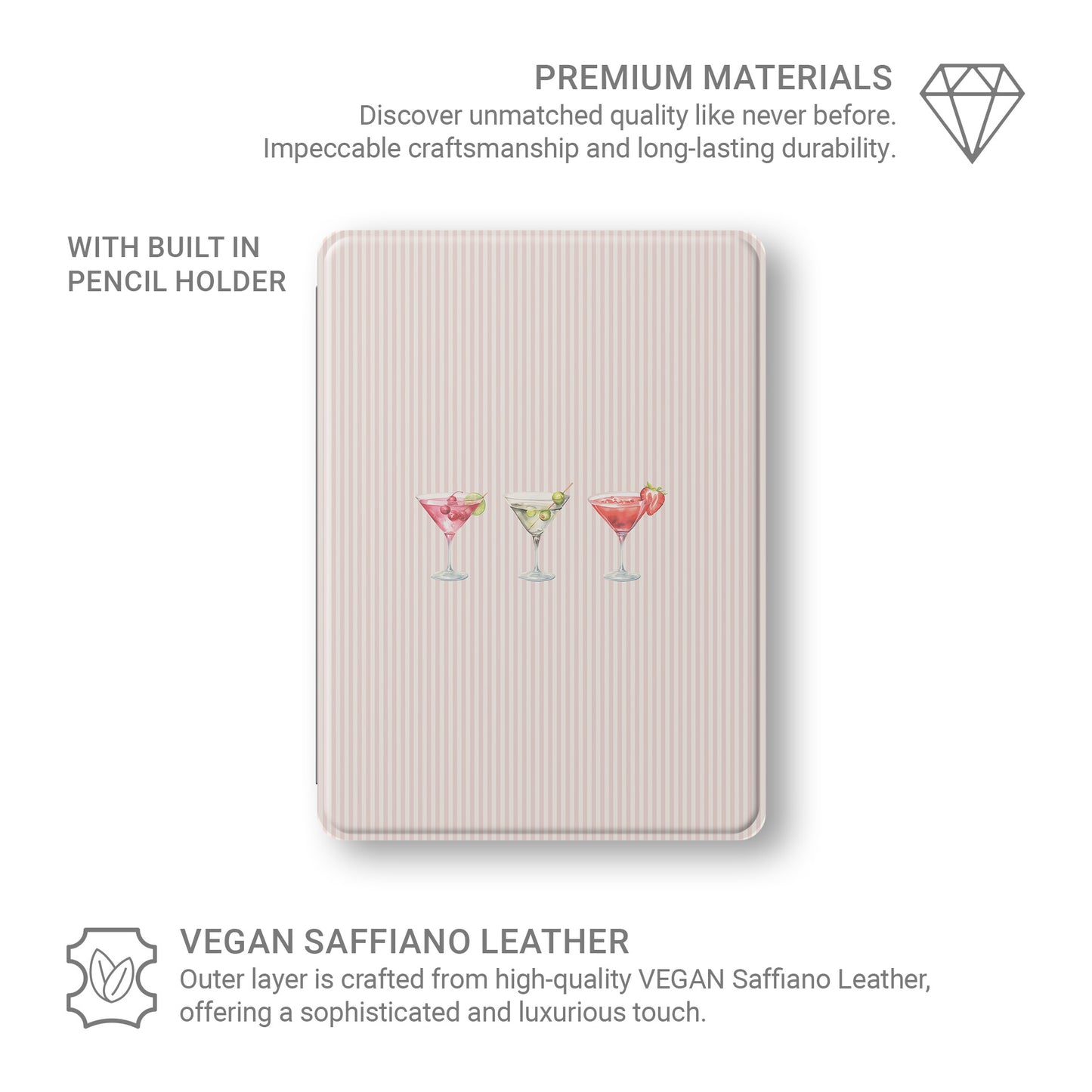 cocktail ipad case pink striped ipad cover girly drink aesthetic ipad case vegan leather ipad folio with pencil holder