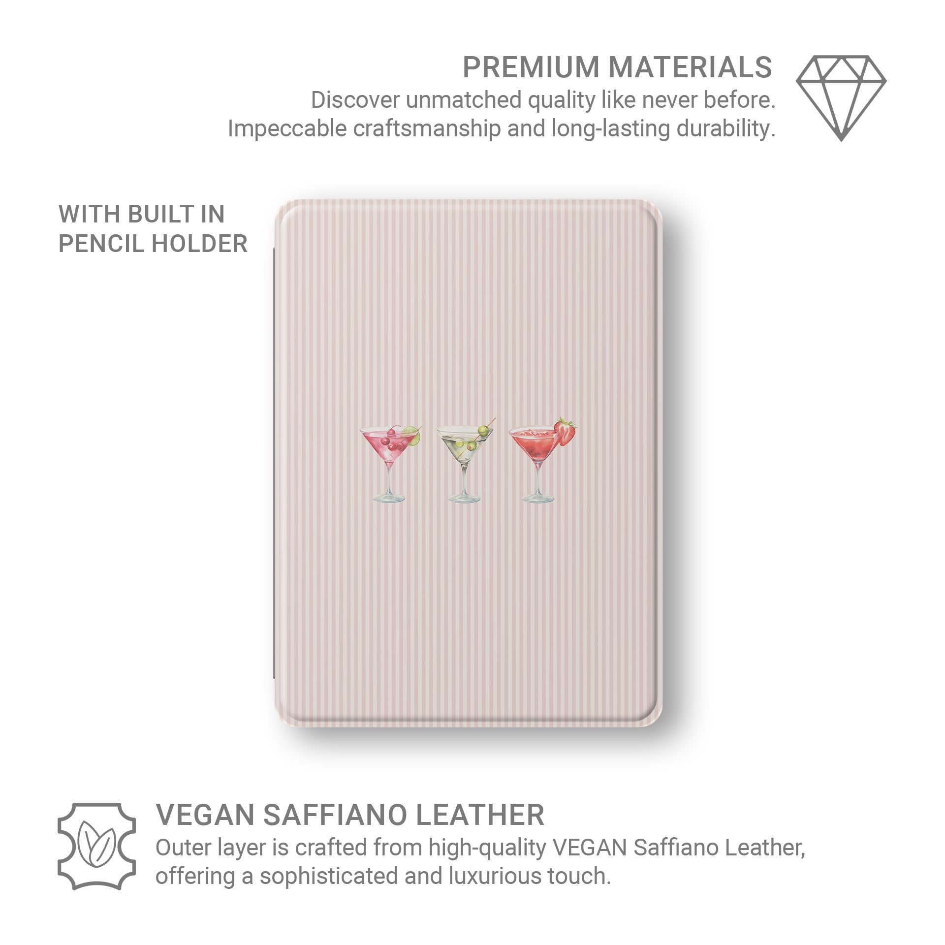 cocktail ipad case pink striped ipad cover girly drink aesthetic ipad case vegan leather ipad folio with pencil holder