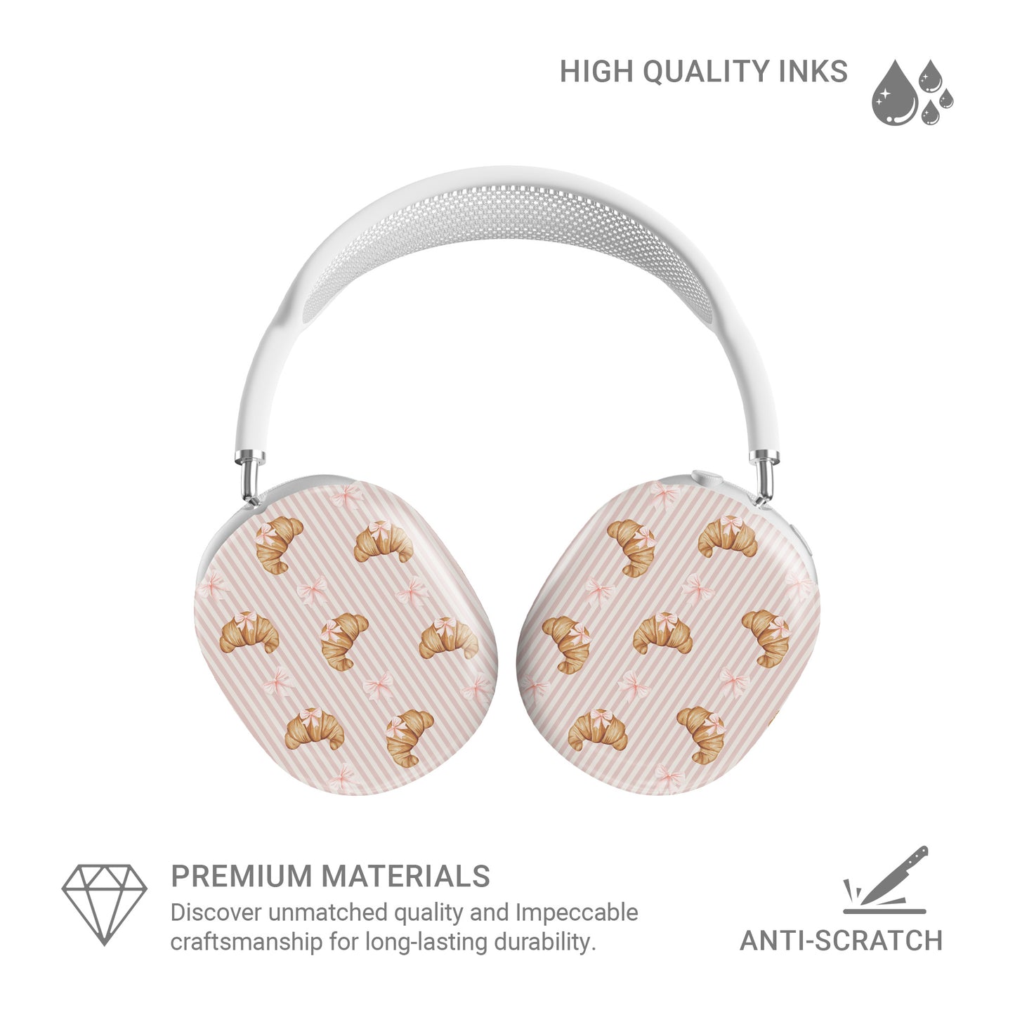 croissant airpods max case pink bow headphones case blush striped bakery aesthetic headphones cover glossy protective airpods max case
