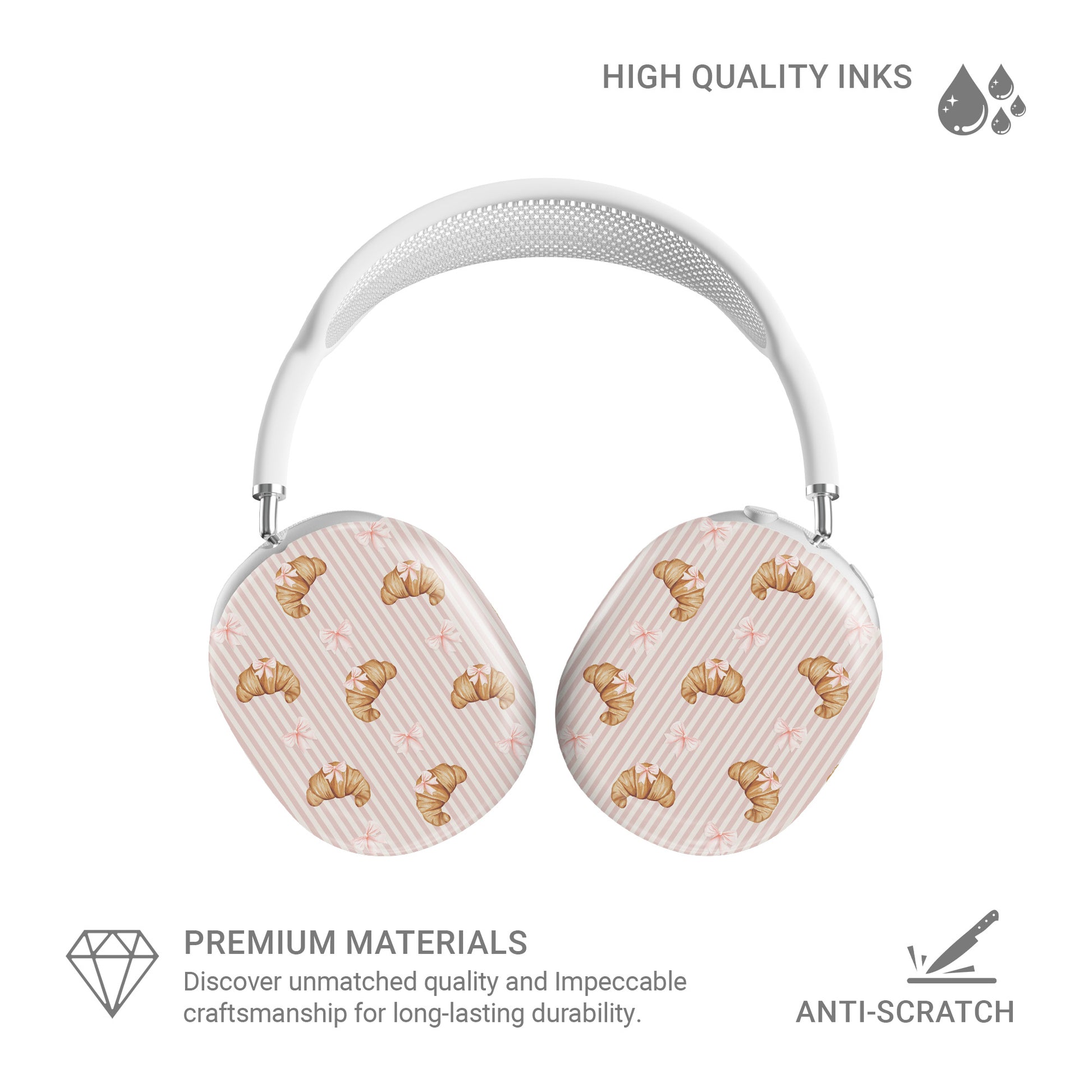 croissant airpods max case pink bow headphones case blush striped bakery aesthetic headphones cover glossy protective airpods max case