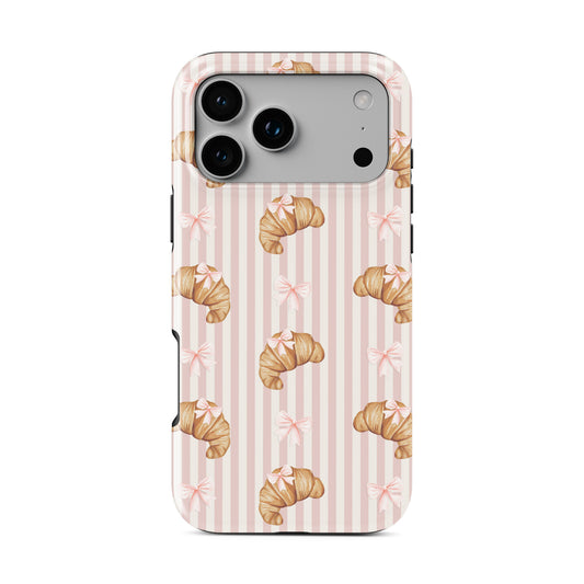 croissant bow tough phone case blush stripe background cute aesthetic iphone 15 case girly bakery pattern phone cover