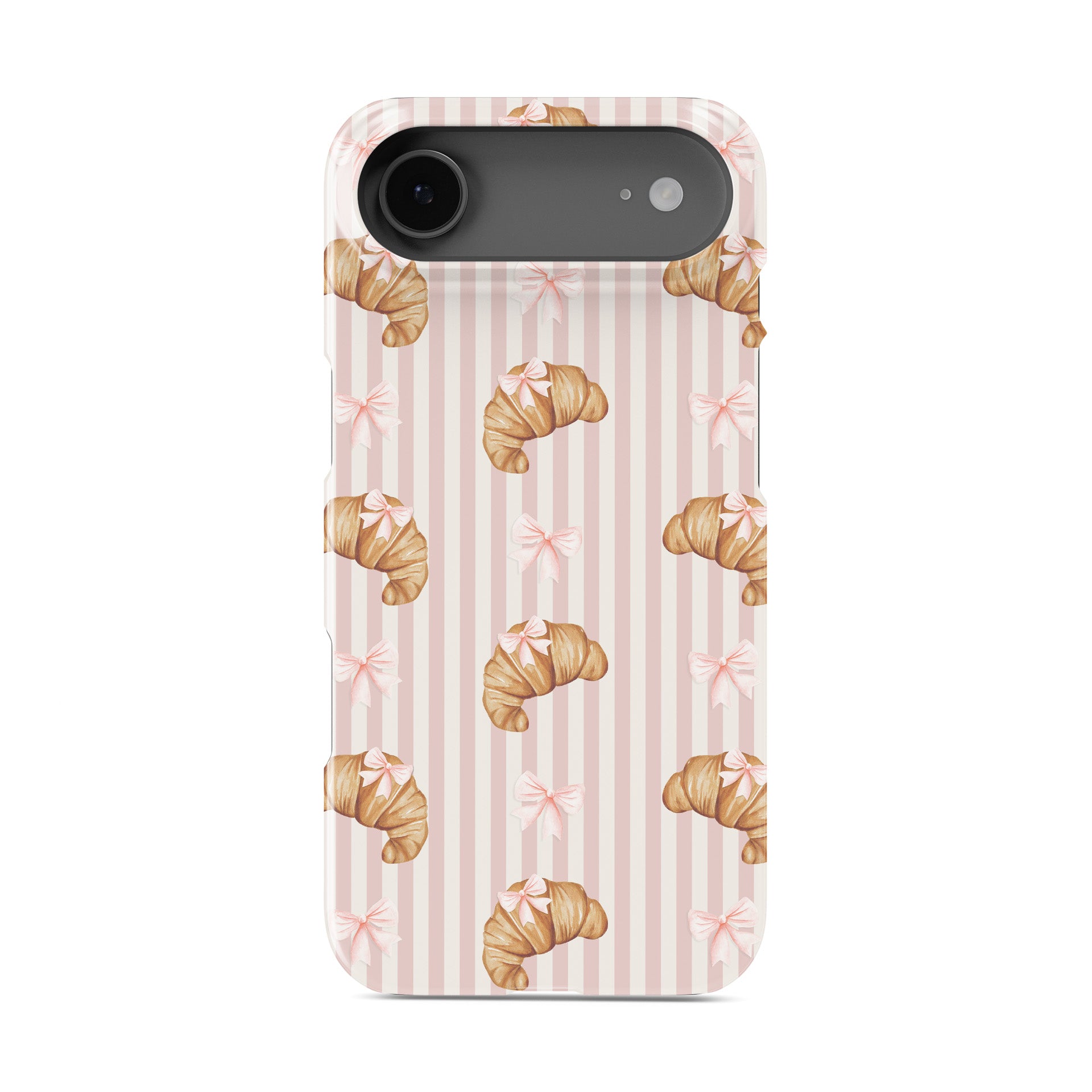 pink croissant phone case with bow pattern on blush stripe background cute aesthetic iphone 15 case bakery style design