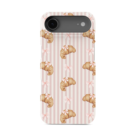 pink croissant phone case with bow pattern on blush stripe background cute aesthetic iphone 15 case bakery style design