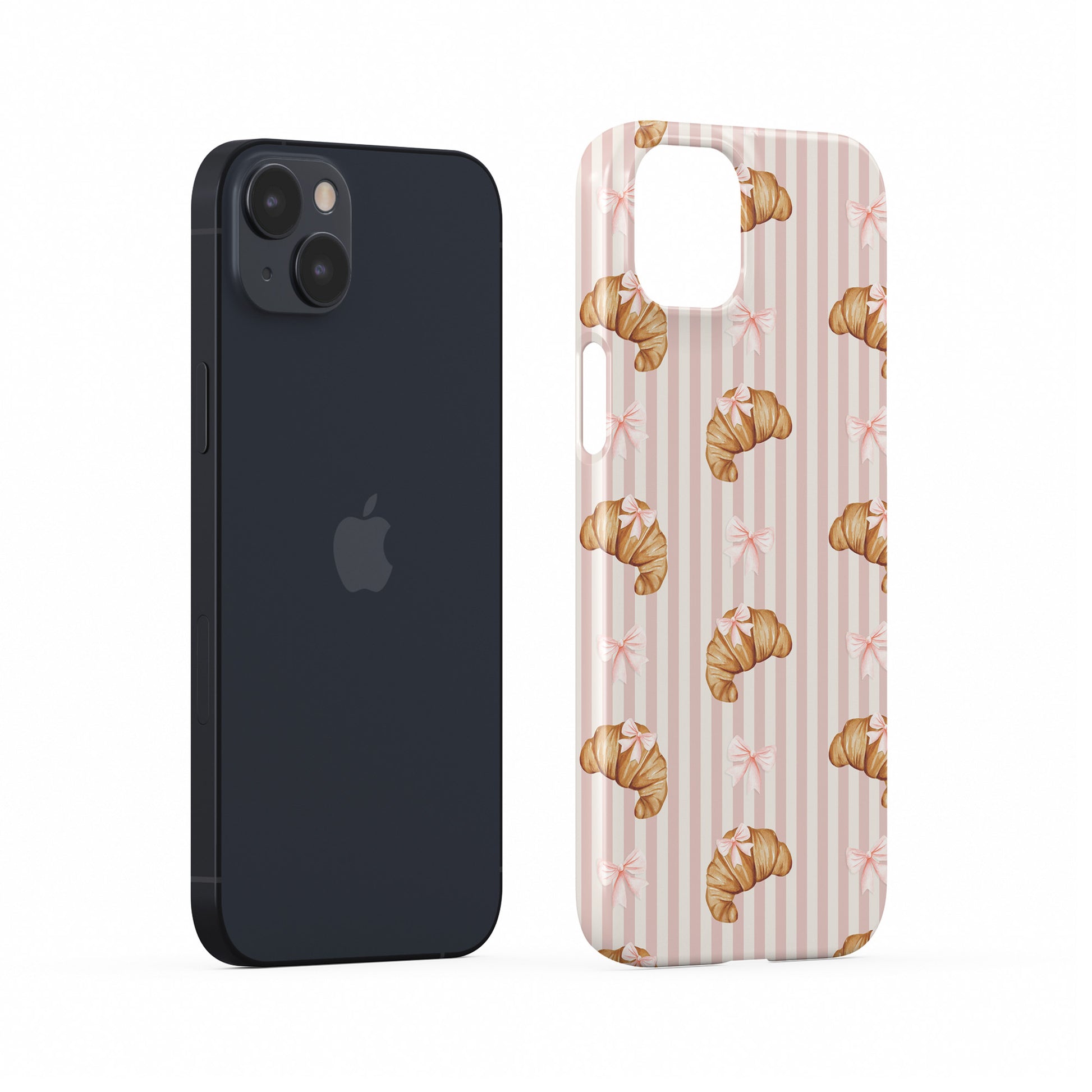 pink croissant phone case with bow pattern on blush stripe background cute aesthetic iphone 15 case bakery style design