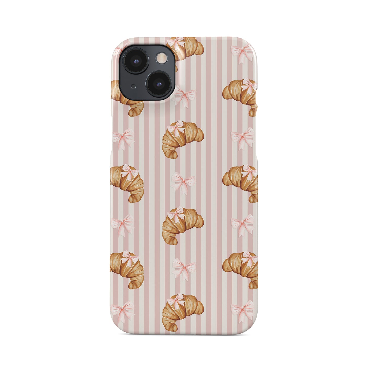 pink croissant phone case with bow pattern on blush stripe background cute aesthetic iphone 15 case bakery style design