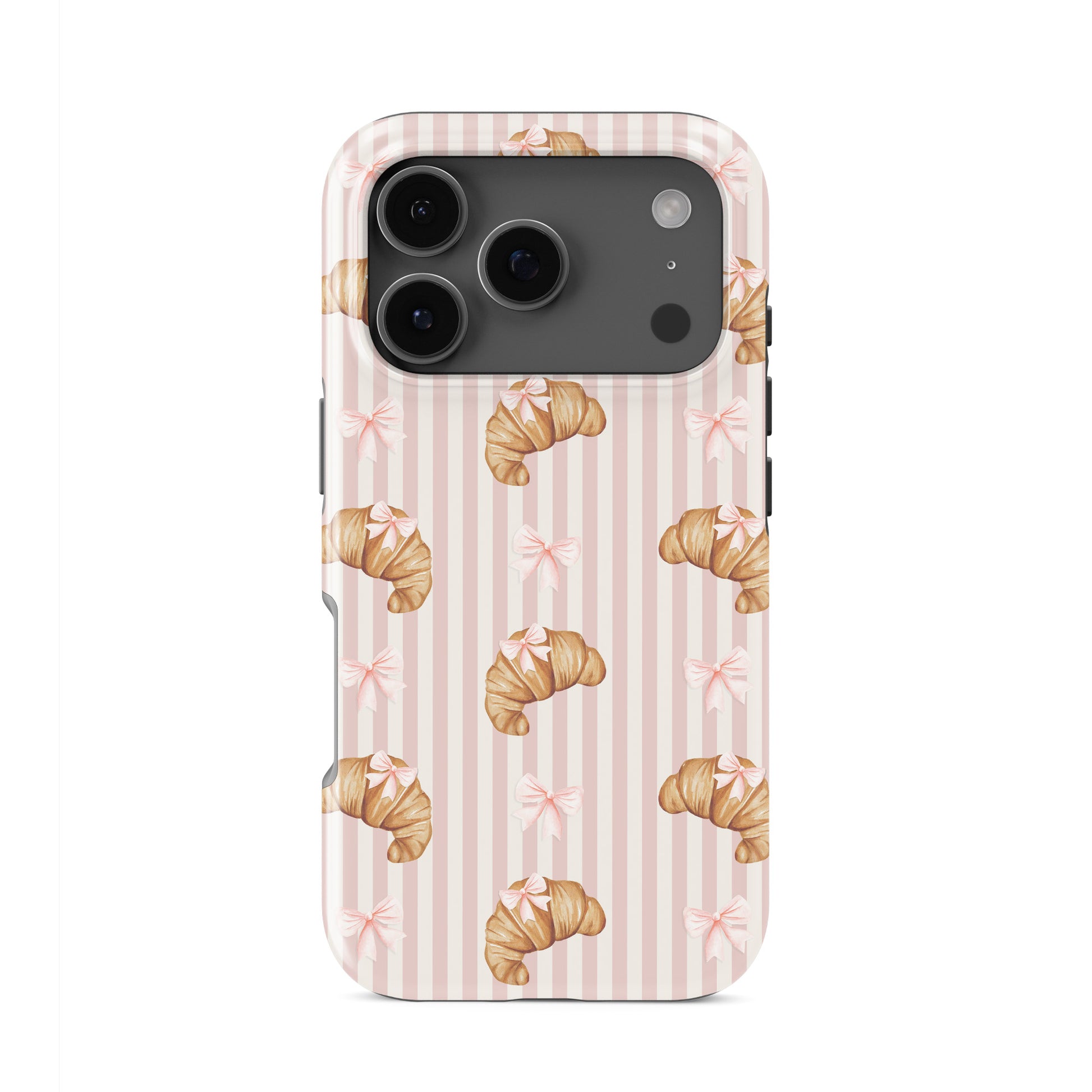 croissant tough phone case with pink bows on blush stripe background cute aesthetic iphone 15 case girly parisian style design
