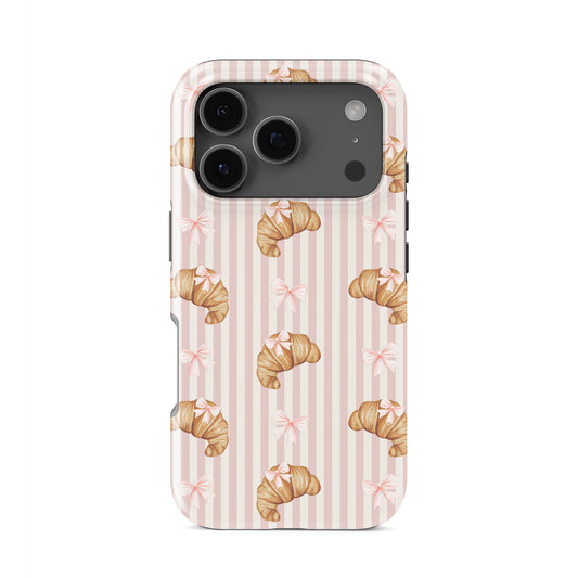 croissant tough phone case with pink bows on blush stripe background cute aesthetic iphone 15 case girly parisian style design