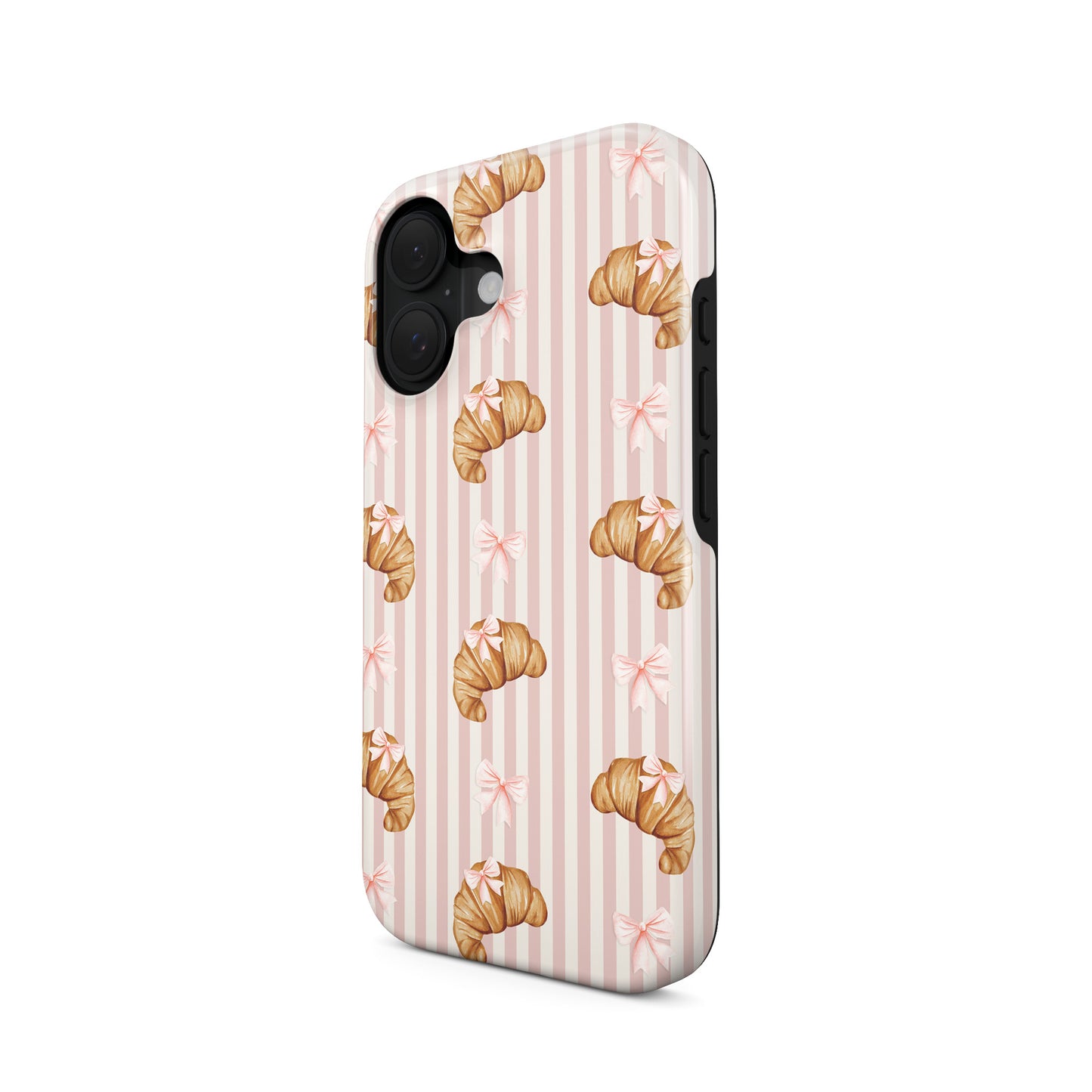 croissant tough phone case with pink bows on blush stripe background cute aesthetic iphone 15 case girly parisian style design