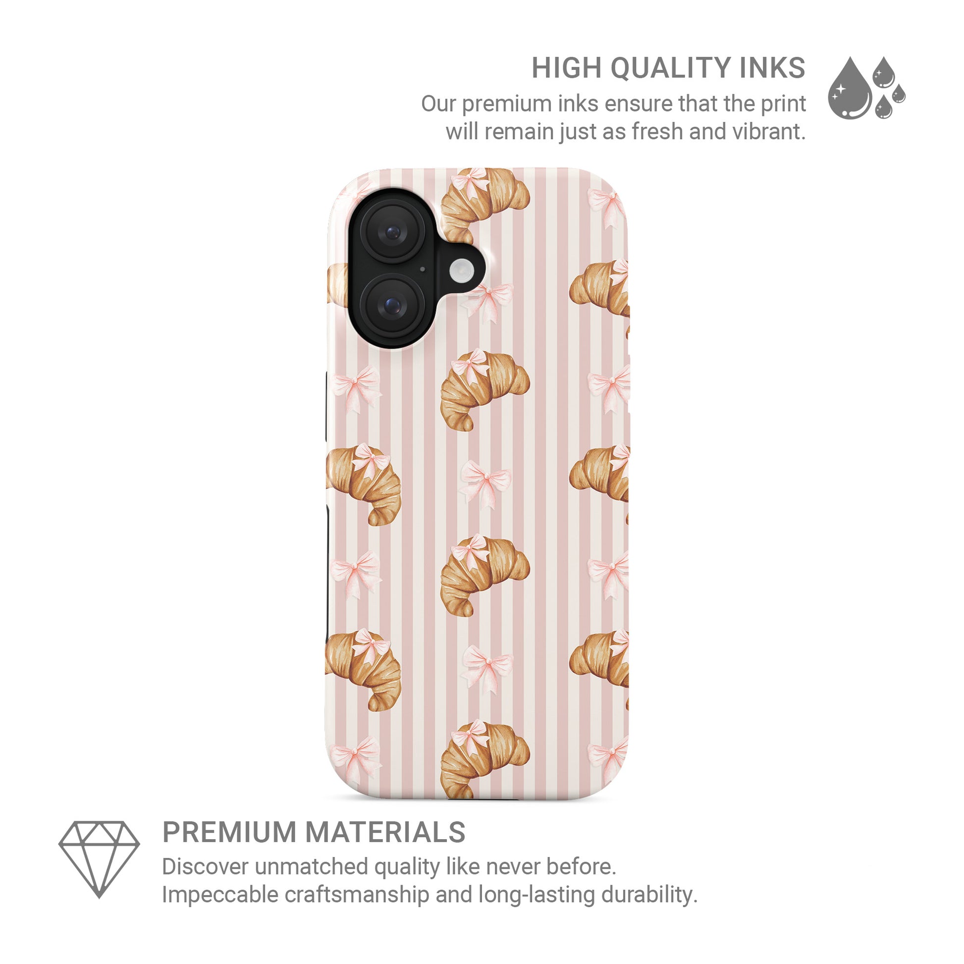 croissant tough phone case with pink bows on blush stripe background cute aesthetic iphone 15 case girly parisian style design