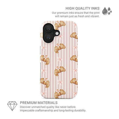 croissant tough phone case with pink bows on blush stripe background cute aesthetic iphone 15 case girly parisian style design