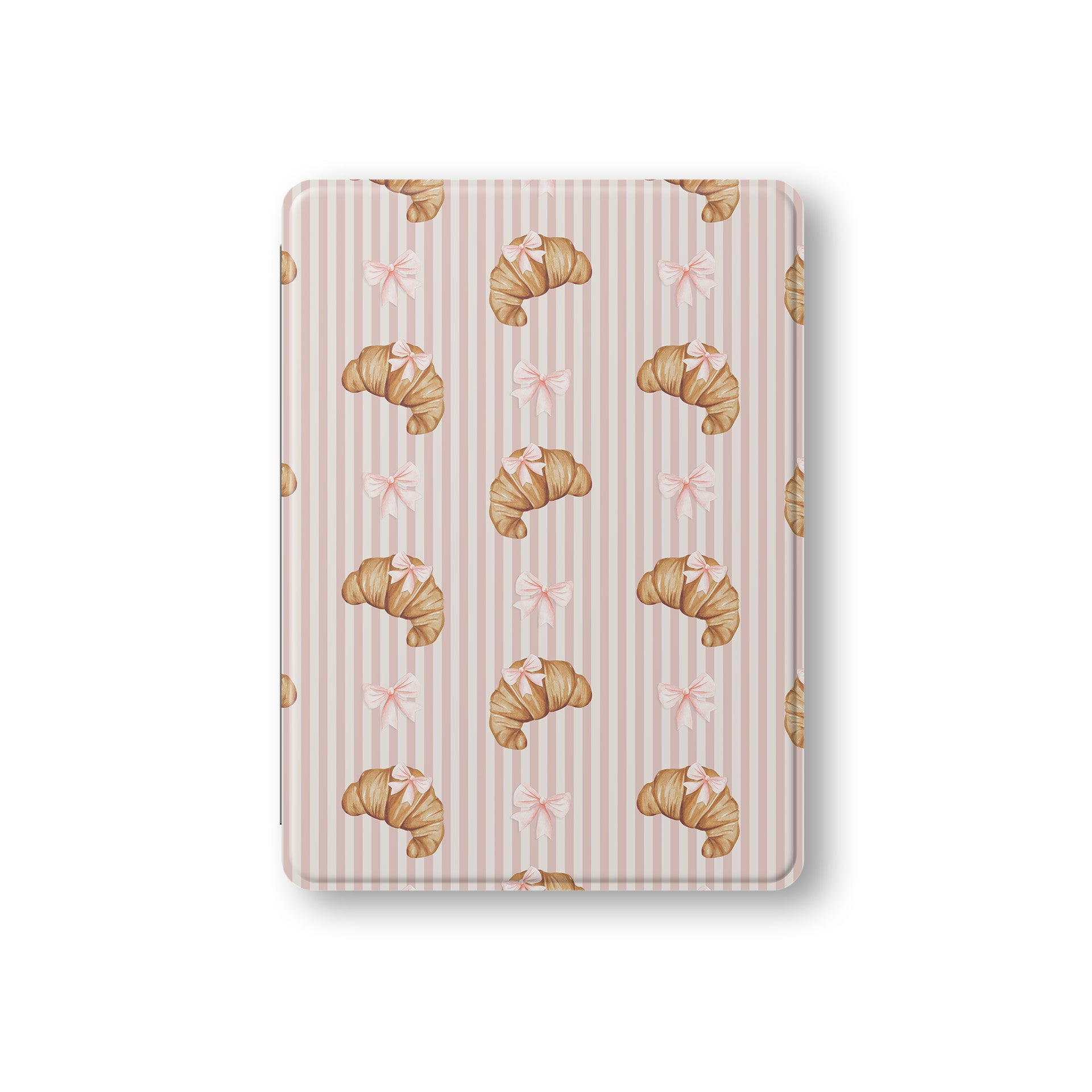 croissant ipad case pink striped ipad cover bow pattern vegan leather ipad folio cute bakery aesthetic ipad case with pencil holder