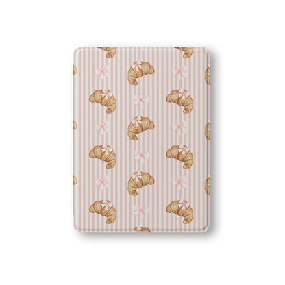 croissant ipad case pink striped ipad cover bow pattern vegan leather ipad folio cute bakery aesthetic ipad case with pencil holder