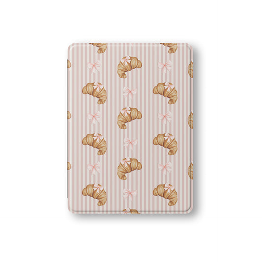 croissant ipad case pink striped ipad cover bow pattern vegan leather ipad folio cute bakery aesthetic ipad case with pencil holder