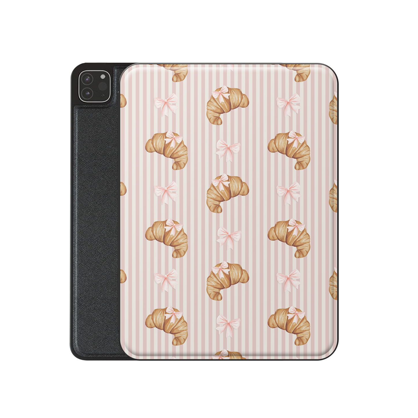 croissant ipad case pink striped ipad cover bow pattern vegan leather ipad folio cute bakery aesthetic ipad case with pencil holder