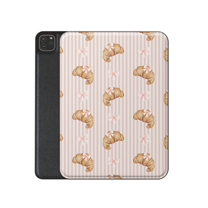 croissant ipad case pink striped ipad cover bow pattern vegan leather ipad folio cute bakery aesthetic ipad case with pencil holder