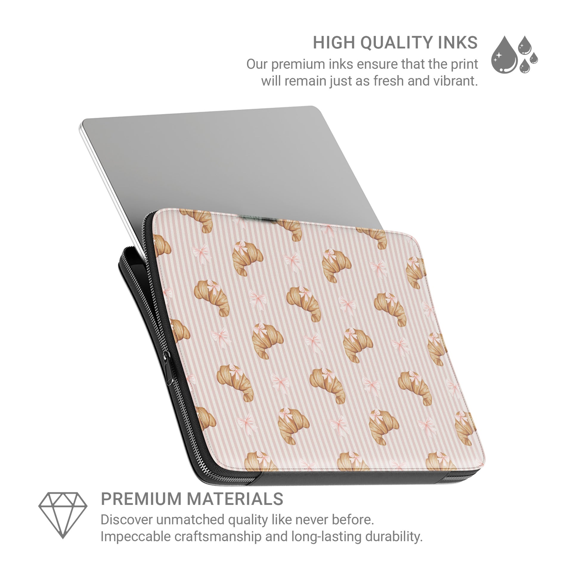 croissant laptop sleeve pink striped vegan leather laptop case bow aesthetic laptop sleeve cute pastry laptop bag girly laptop cover
