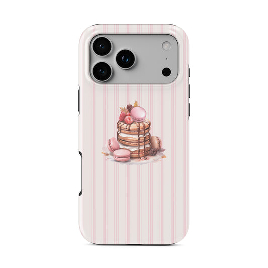 Dessert phone case with pancake macaron design and pink stripes. Cute aesthetic case for iPhone Samsung and Google phones stylish everyday cover