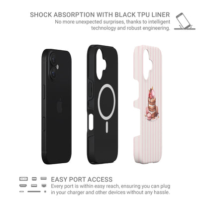 Dessert phone case with pancake macaron design and pink stripes. Cute aesthetic case for iPhone Samsung and Google phones stylish everyday cover