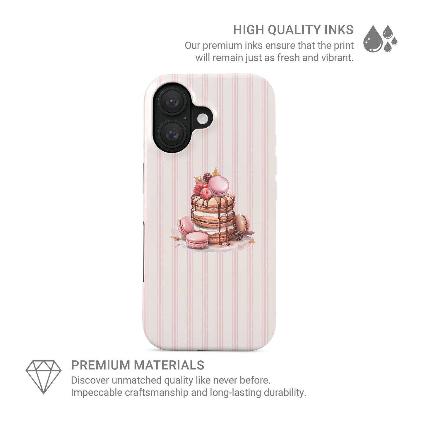 Dessert phone case with pancake macaron design and pink stripes. Cute aesthetic case for iPhone Samsung and Google phones stylish everyday cover