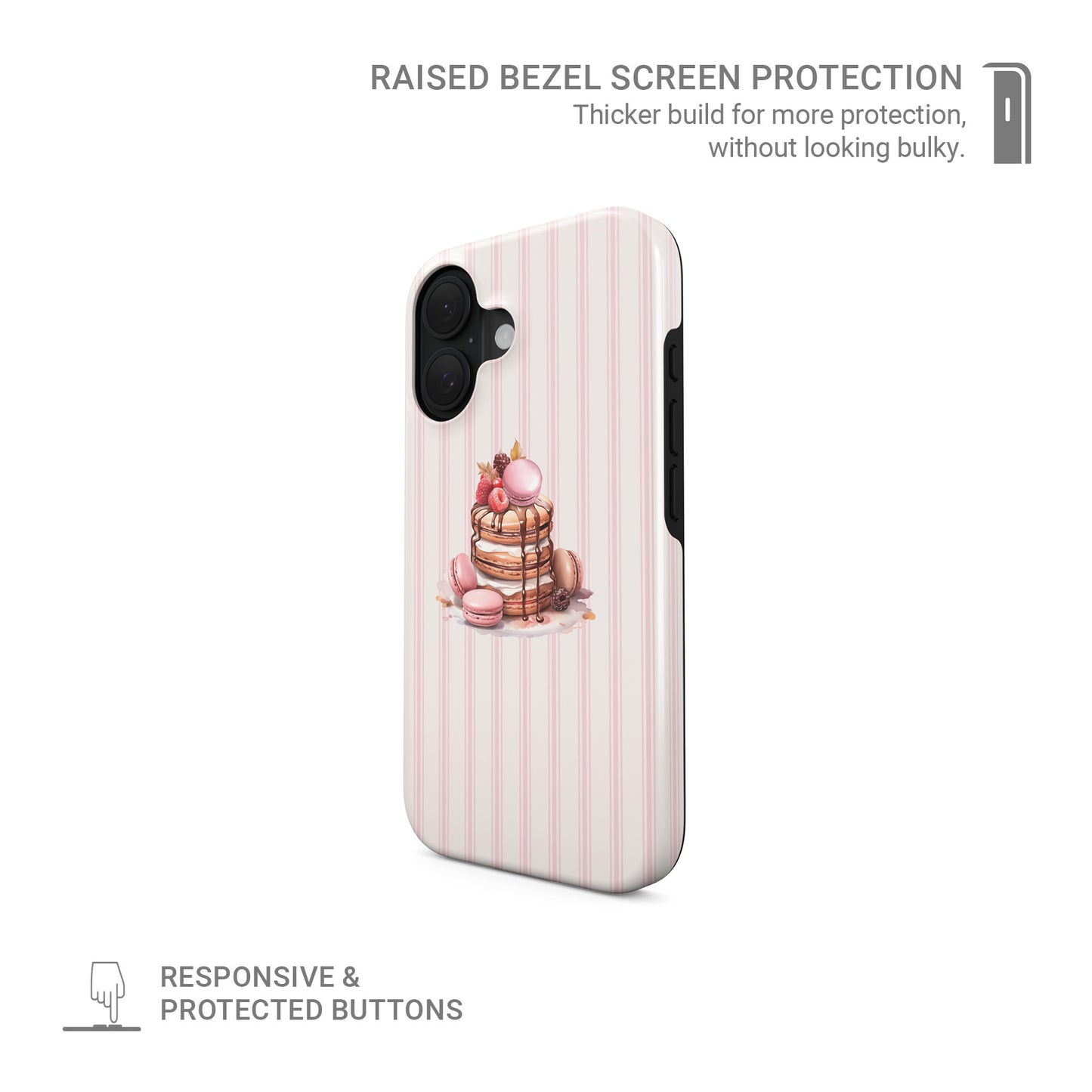 Dessert phone case with pancake macaron design and pink stripes. Cute aesthetic case for iPhone Samsung and Google phones stylish everyday cover