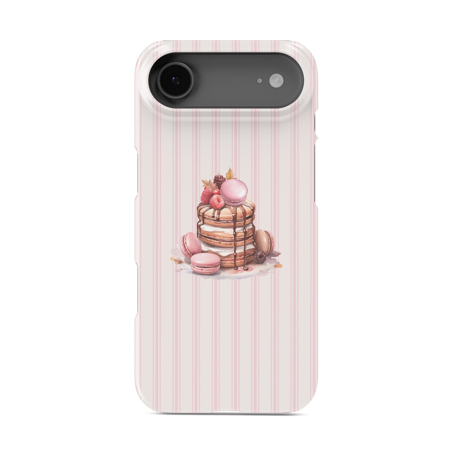 pink dessert phone case with macaron pancake stack and blush stripe background cute aesthetic iphone case