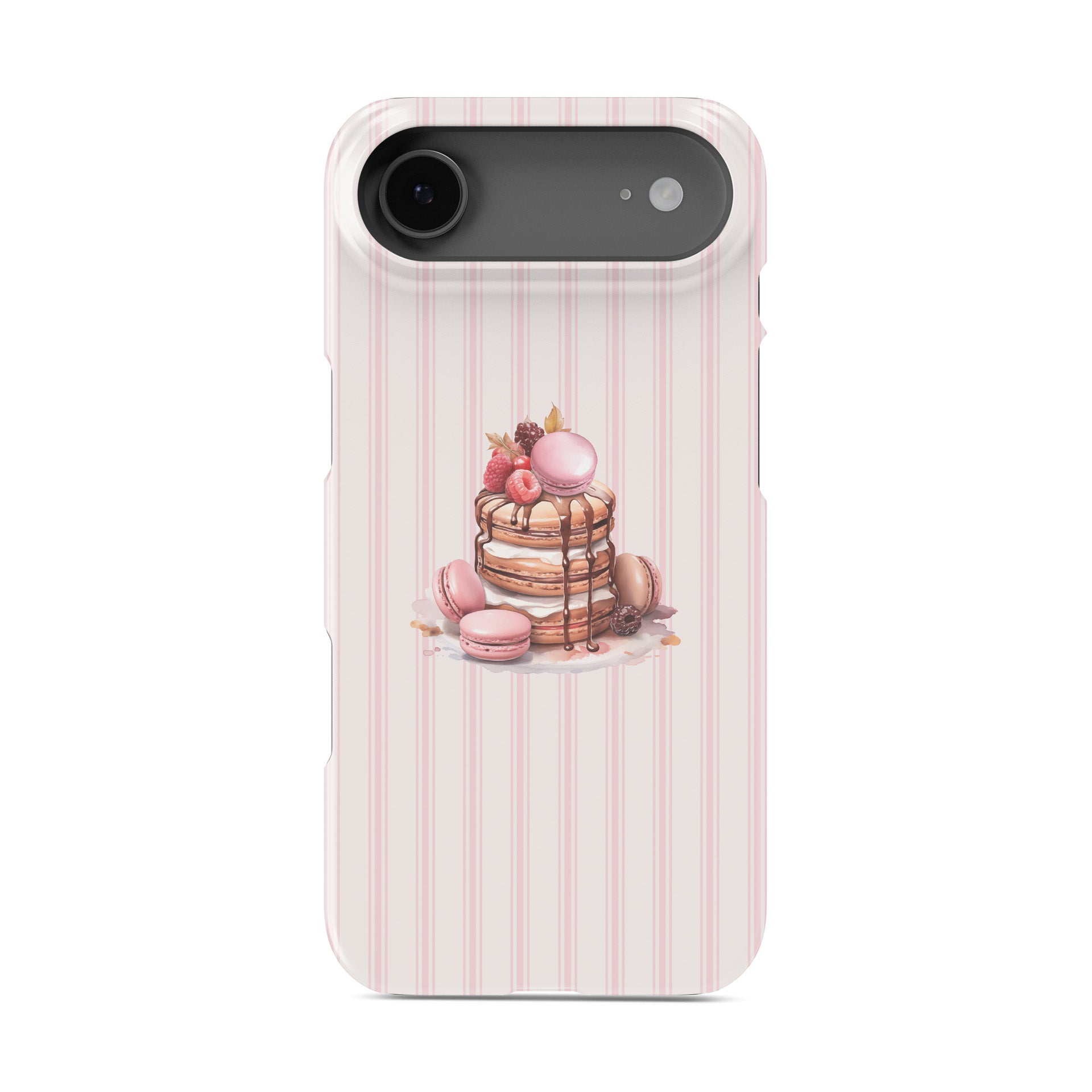 pink dessert phone case with macaron pancake stack and blush stripe background cute aesthetic iphone case