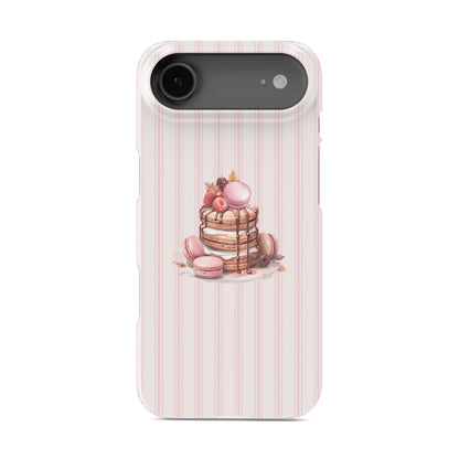 pink dessert phone case with macaron pancake stack and blush stripe background cute aesthetic iphone case
