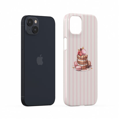 pink dessert phone case with macaron pancake stack and blush stripe background cute aesthetic iphone case