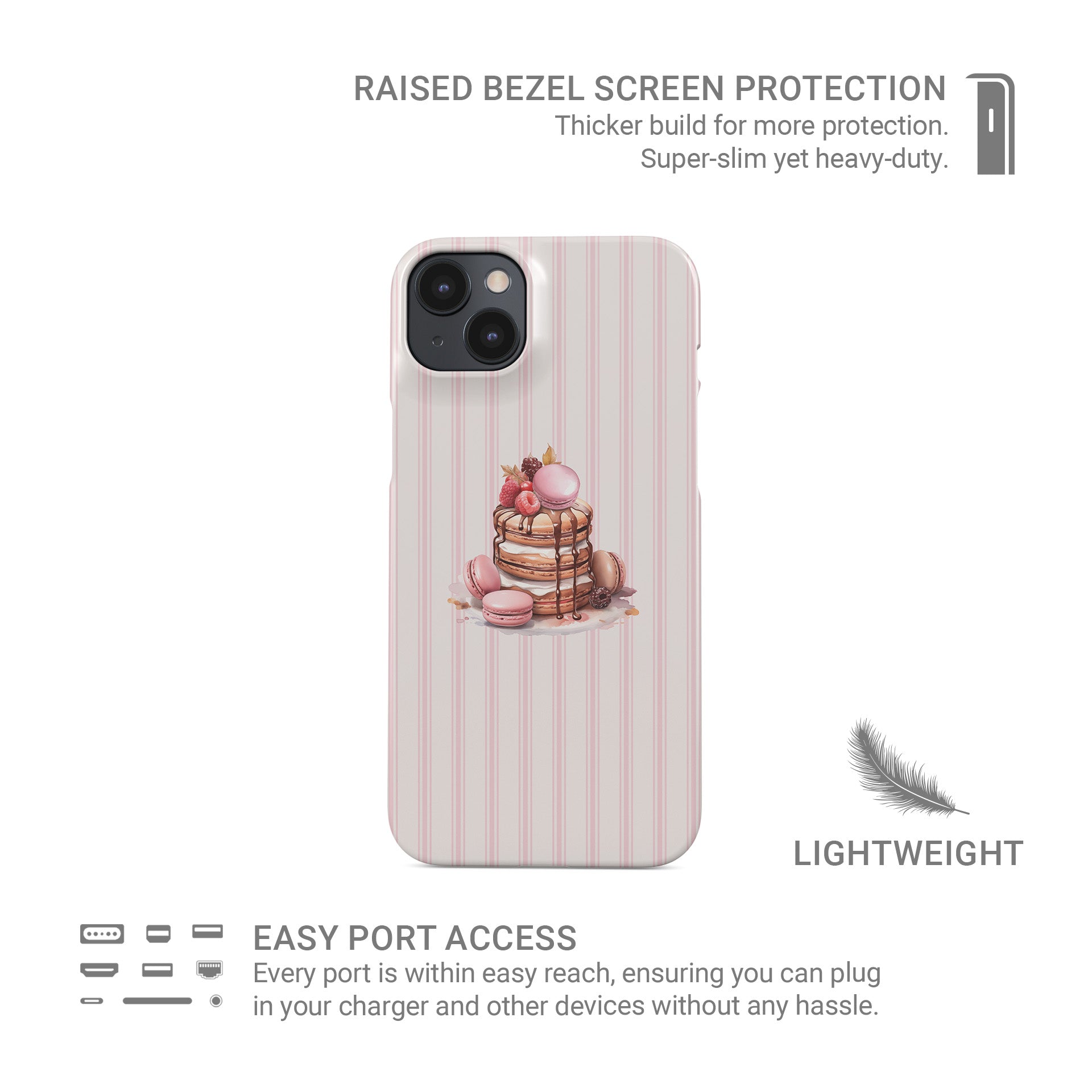 pink dessert phone case with macaron pancake stack and blush stripe background cute aesthetic iphone case