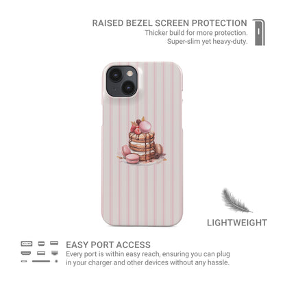 pink dessert phone case with macaron pancake stack and blush stripe background cute aesthetic iphone case