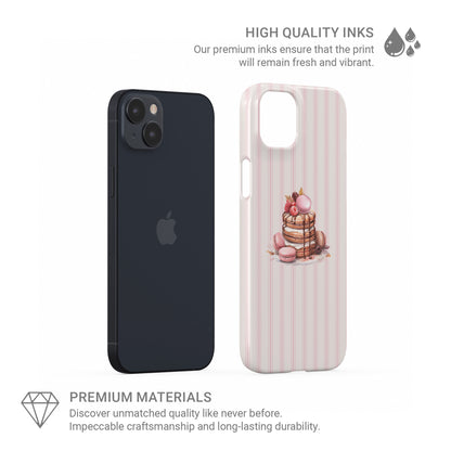 pink dessert phone case with macaron pancake stack and blush stripe background cute aesthetic iphone case