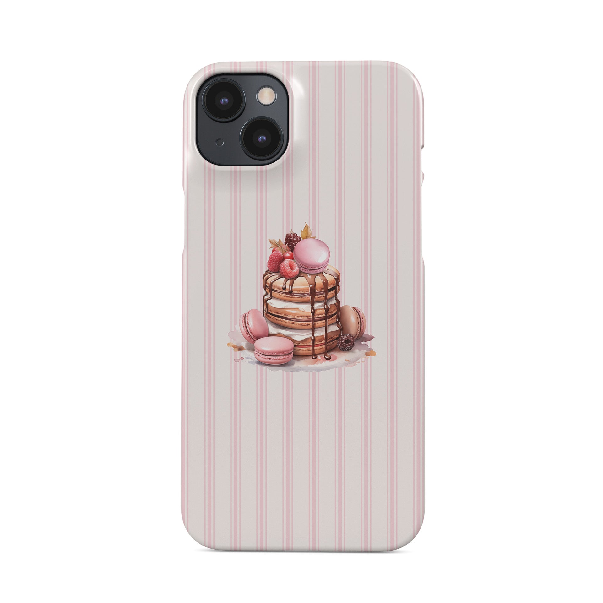 pink dessert phone case with macaron pancake stack and blush stripe background cute aesthetic iphone case