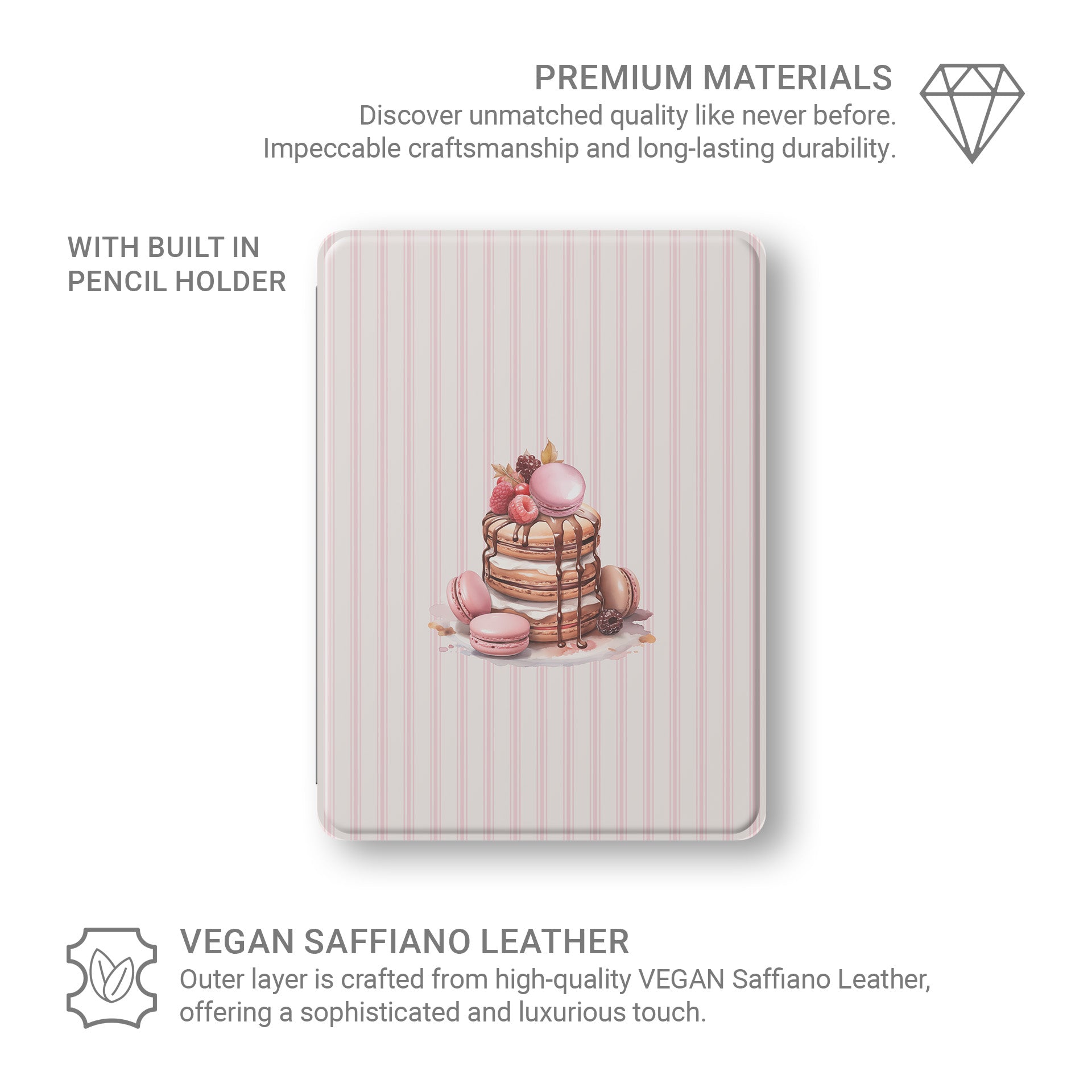 dessert ipad case pancake macaron pink aesthetic vegan leather ipad cover striped bakery design ipad folio with pencil holder