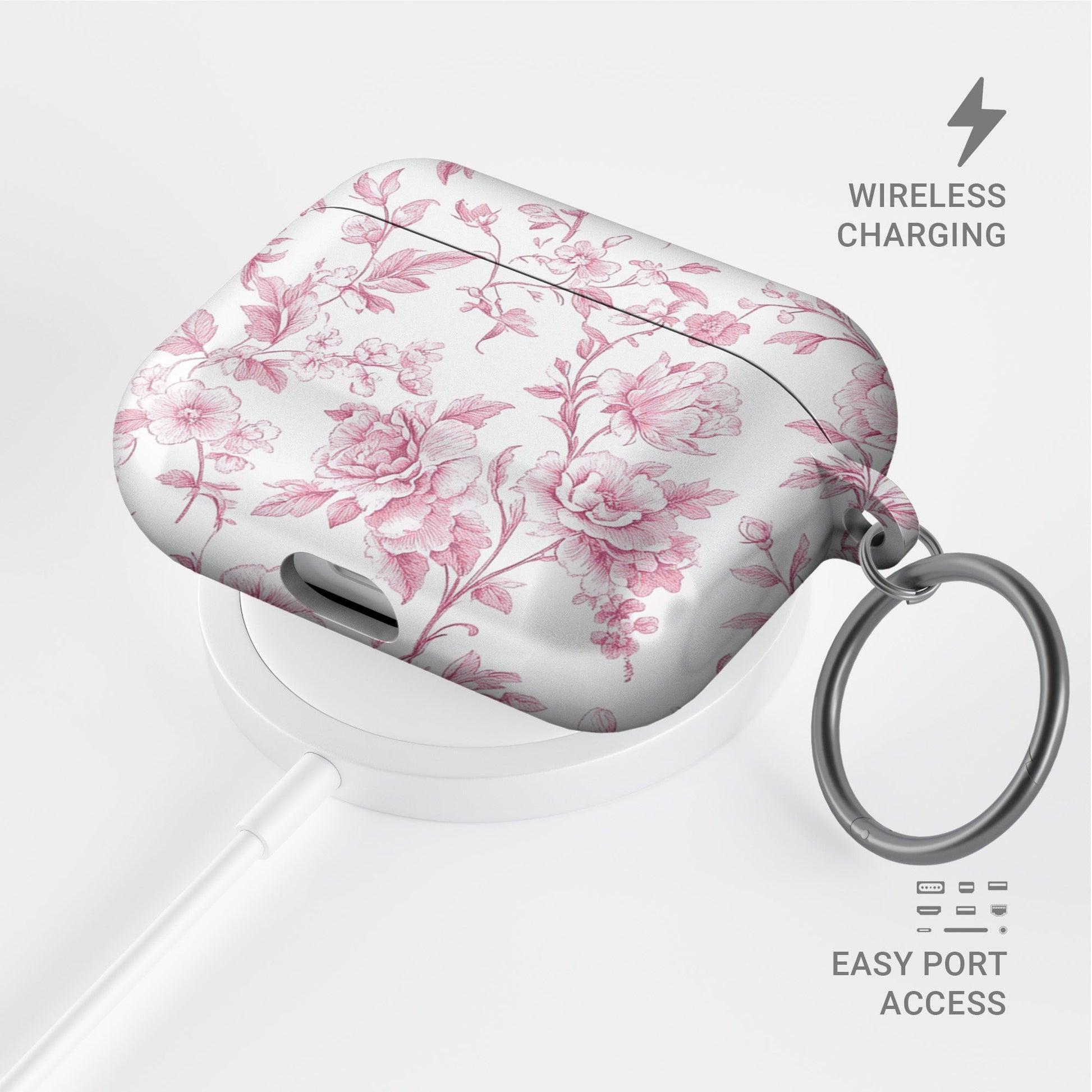 Pink Promise AirPods Case – delicate vintage rose floral design in soft pink with glossy finish, slim and stylish cover for Apple AirPods, Pro, and Pro 2.