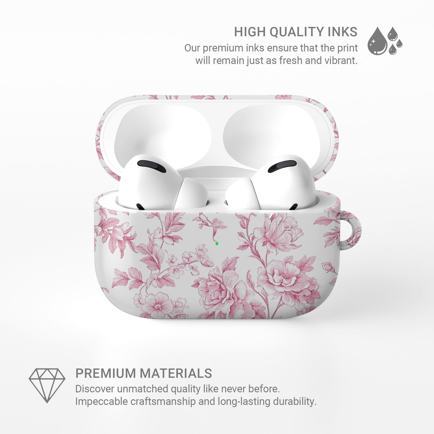 Pink Promise AirPods Case – delicate vintage rose floral design in soft pink with glossy finish, slim and stylish cover for Apple AirPods, Pro, and Pro 2.