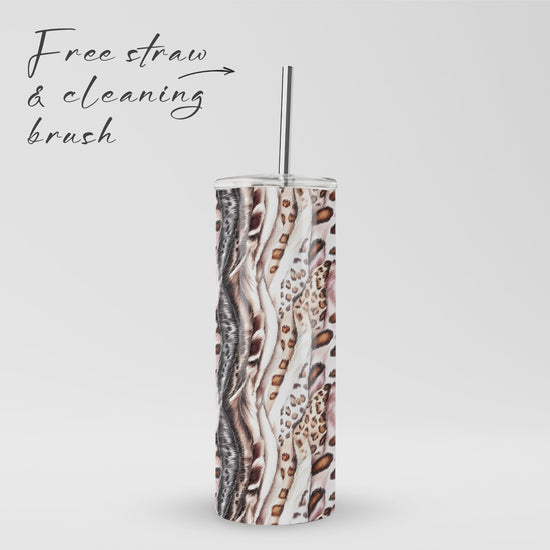 Wild Streaks stainless steel tumbler with flowing animal-inspired pattern, metal straw, BPA free lid and double wall insulation.