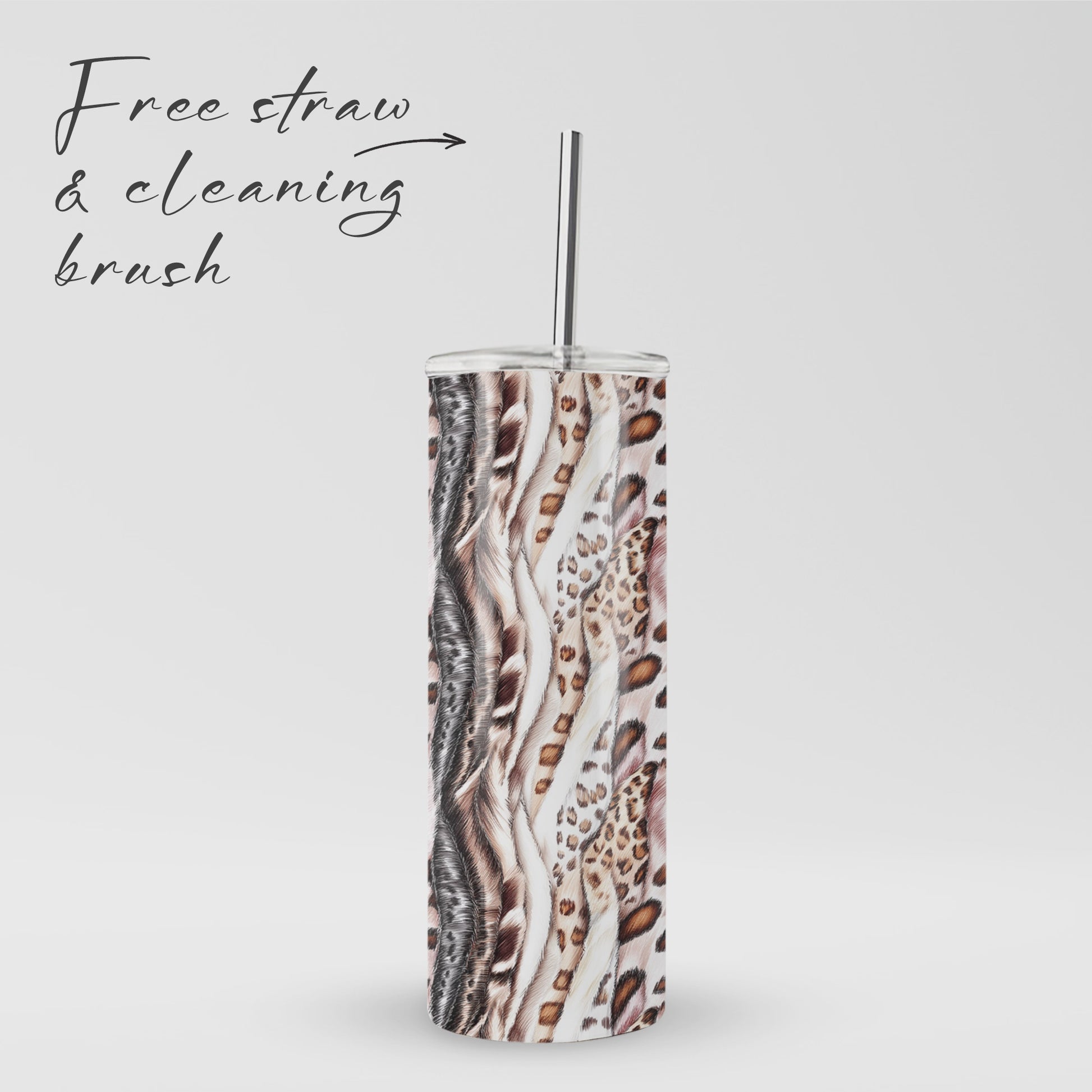 Wild Streaks stainless steel tumbler with flowing animal-inspired pattern, metal straw, BPA free lid and double wall insulation.