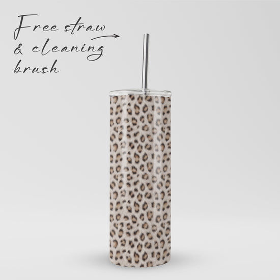 Snowy Roar stainless steel tumbler with soft snow-leopard print, metal straw, BPA free lid and double wall insulation.