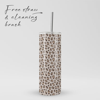 Snowy Roar stainless steel tumbler with soft snow-leopard print, metal straw, BPA free lid and double wall insulation.