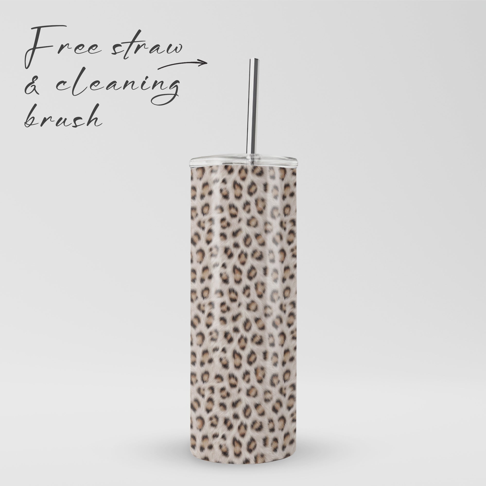 Snowy Roar stainless steel tumbler with soft snow-leopard print, metal straw, BPA free lid and double wall insulation.