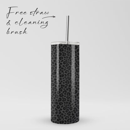 Panthera Eclipse stainless steel tumbler with dark leopard print, metal straw, BPA free lid and double wall insulation.