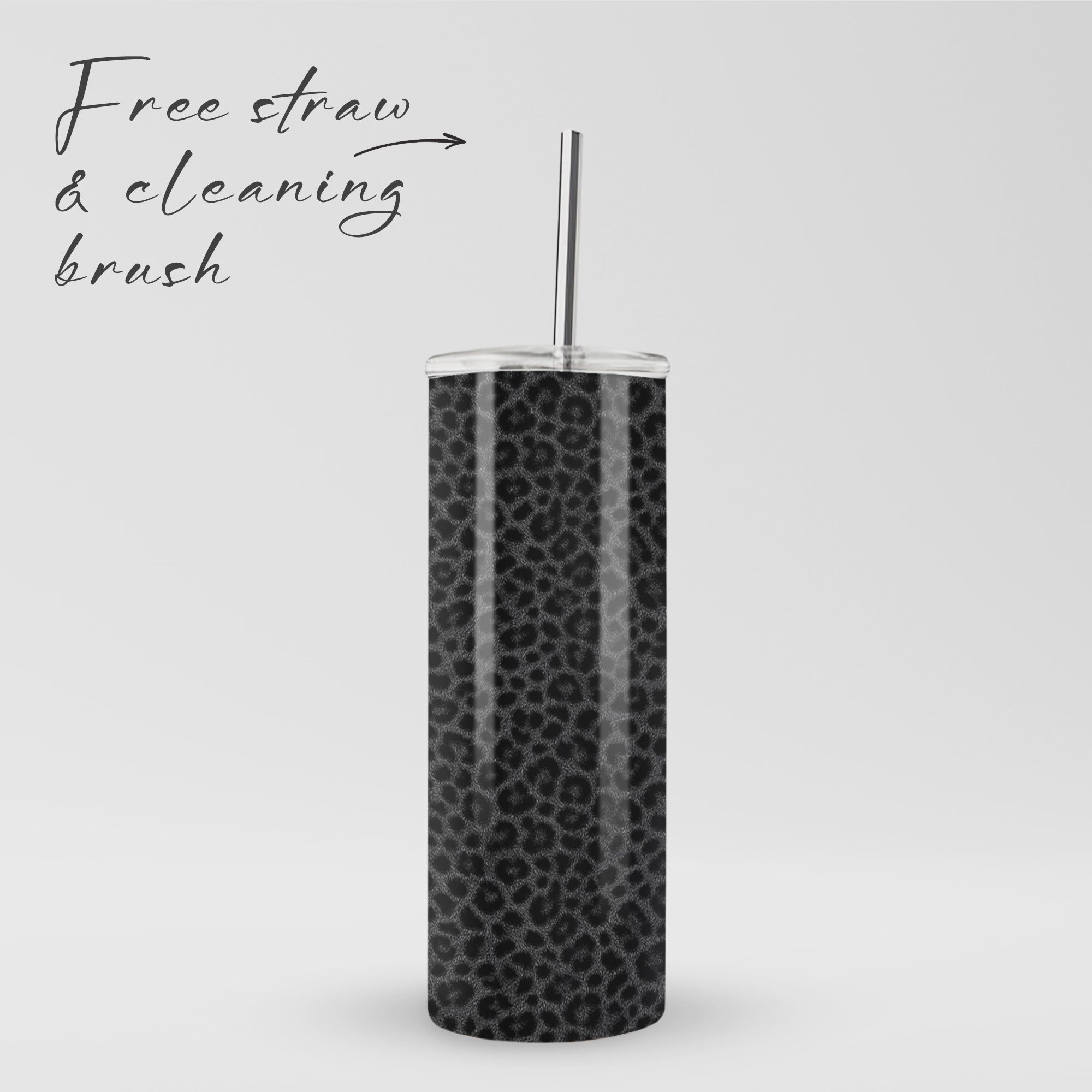 Panthera Eclipse stainless steel tumbler with dark leopard print, metal straw, BPA free lid and double wall insulation.