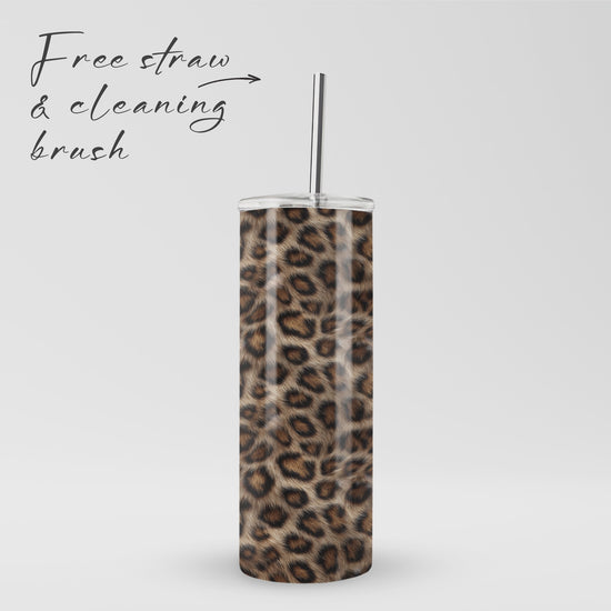 Golden Huntress stainless steel drinks tumbler with leopard print, metal straw, BPA free lid and double wall insulation.