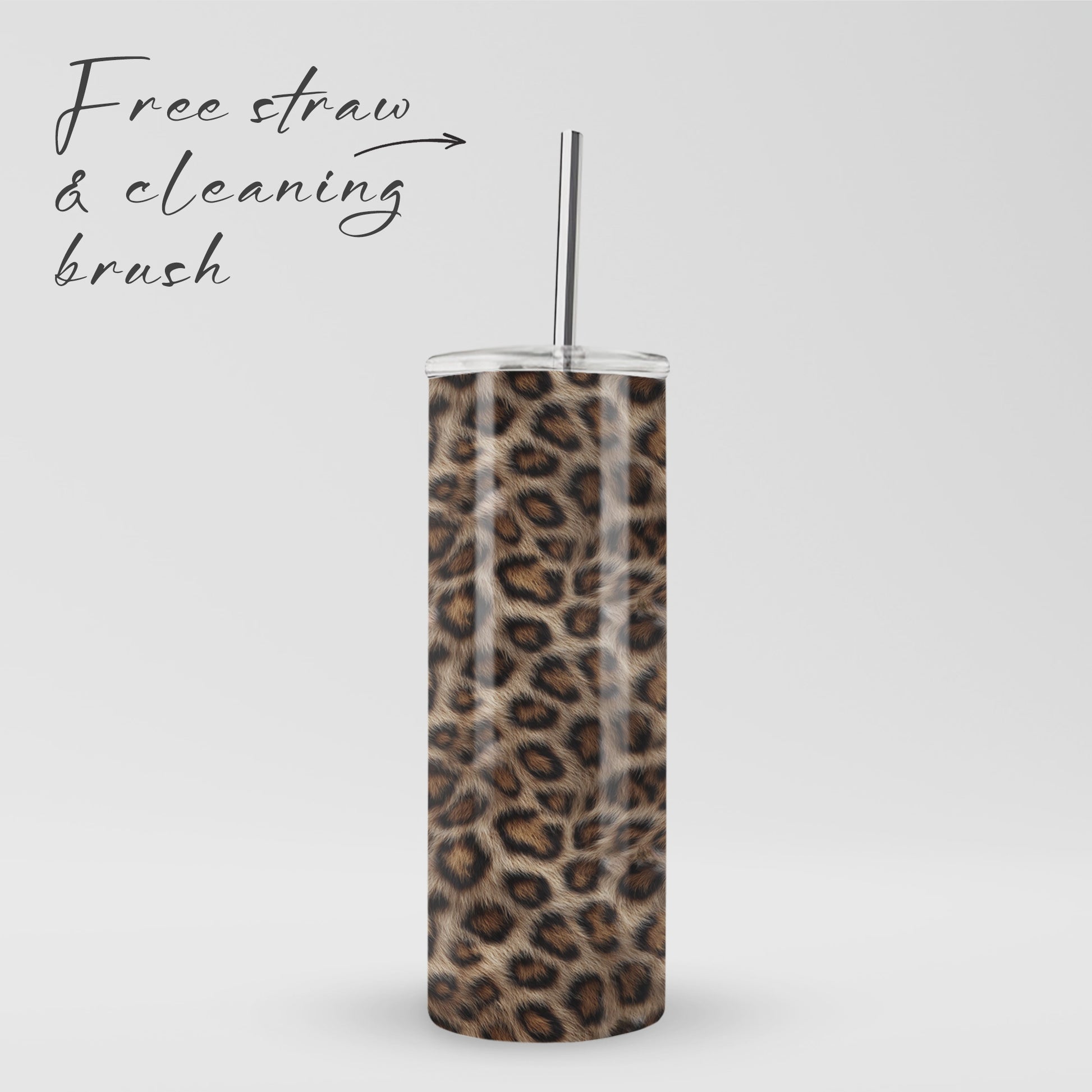 Golden Huntress stainless steel drinks tumbler with leopard print, metal straw, BPA free lid and double wall insulation.