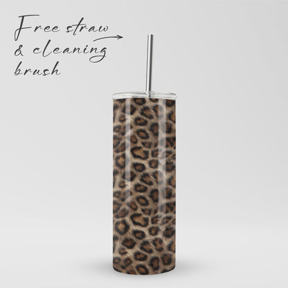 Golden Huntress stainless steel drinks tumbler with leopard print, metal straw, BPA free lid and double wall insulation.