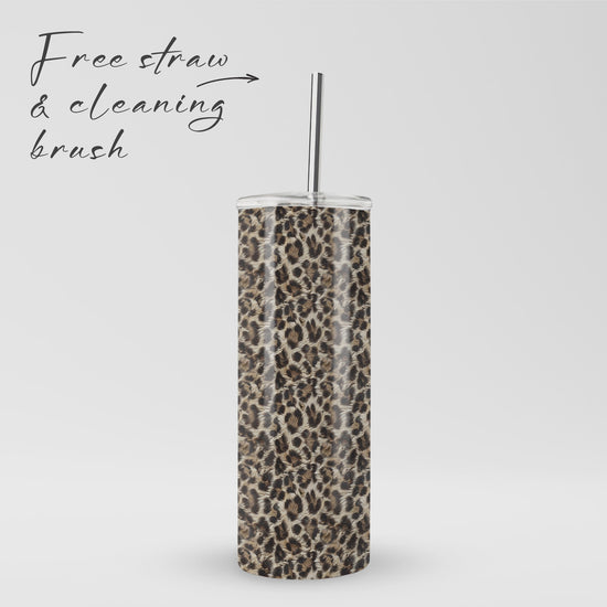 Honey Temptation stainless steel tumbler with warm animal inspired print, metal straw, BPA free lid and double wall insulation.