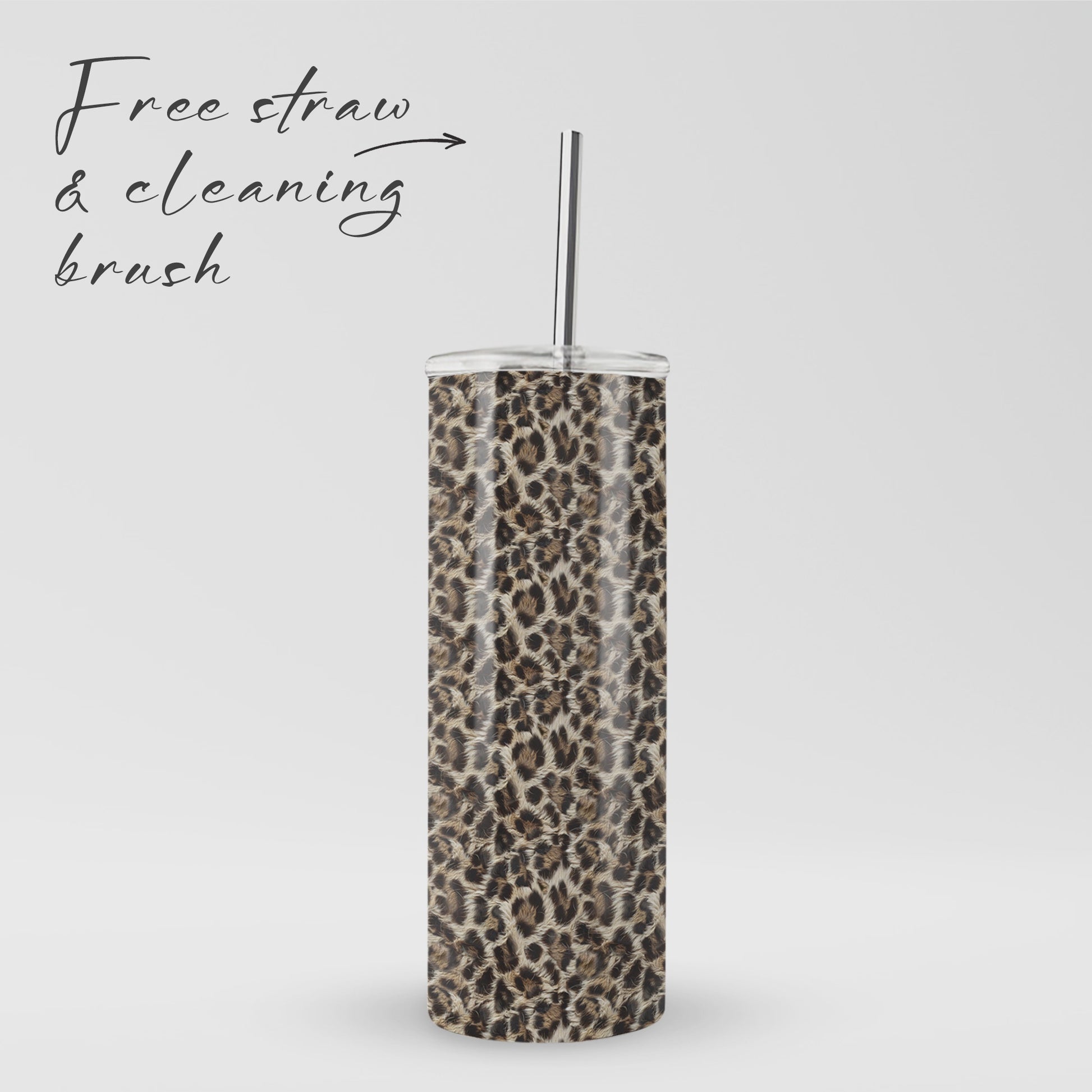 Honey Temptation stainless steel tumbler with warm animal inspired print, metal straw, BPA free lid and double wall insulation.