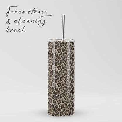 Honey Temptation stainless steel tumbler with warm animal inspired print, metal straw, BPA free lid and double wall insulation.