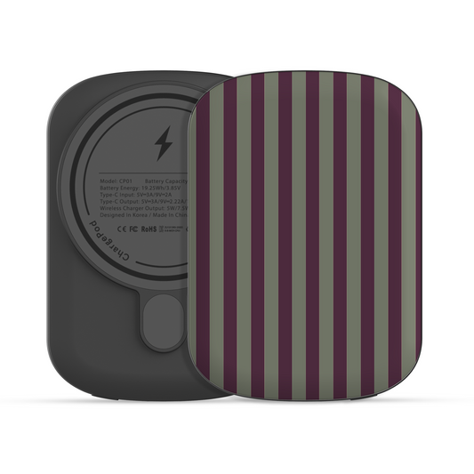 Mulberry Ticking power bank with fine sage green and berry-plum vertical ticking stripes.