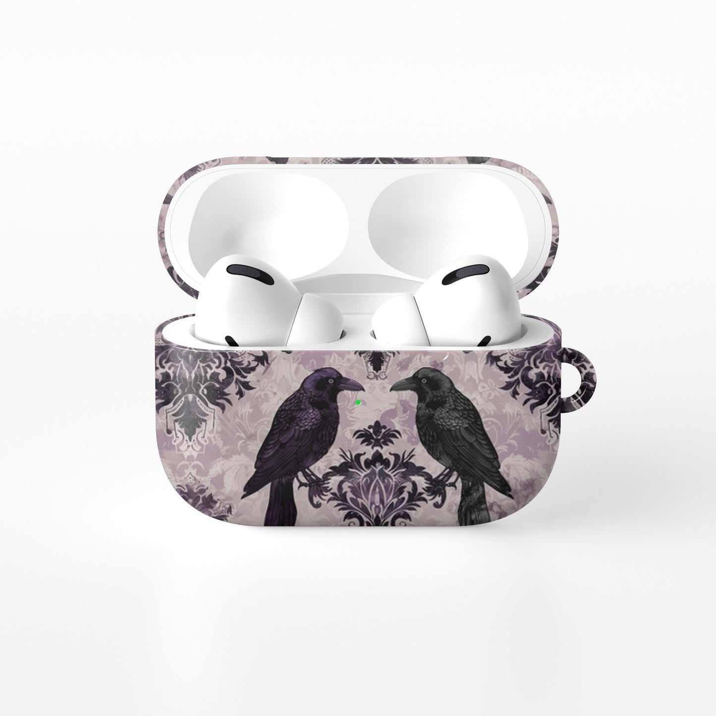 Raven’s Promise AirPods Tough Case with raven and damask artwork, glossy finish, impact-resistant single-shell design.
